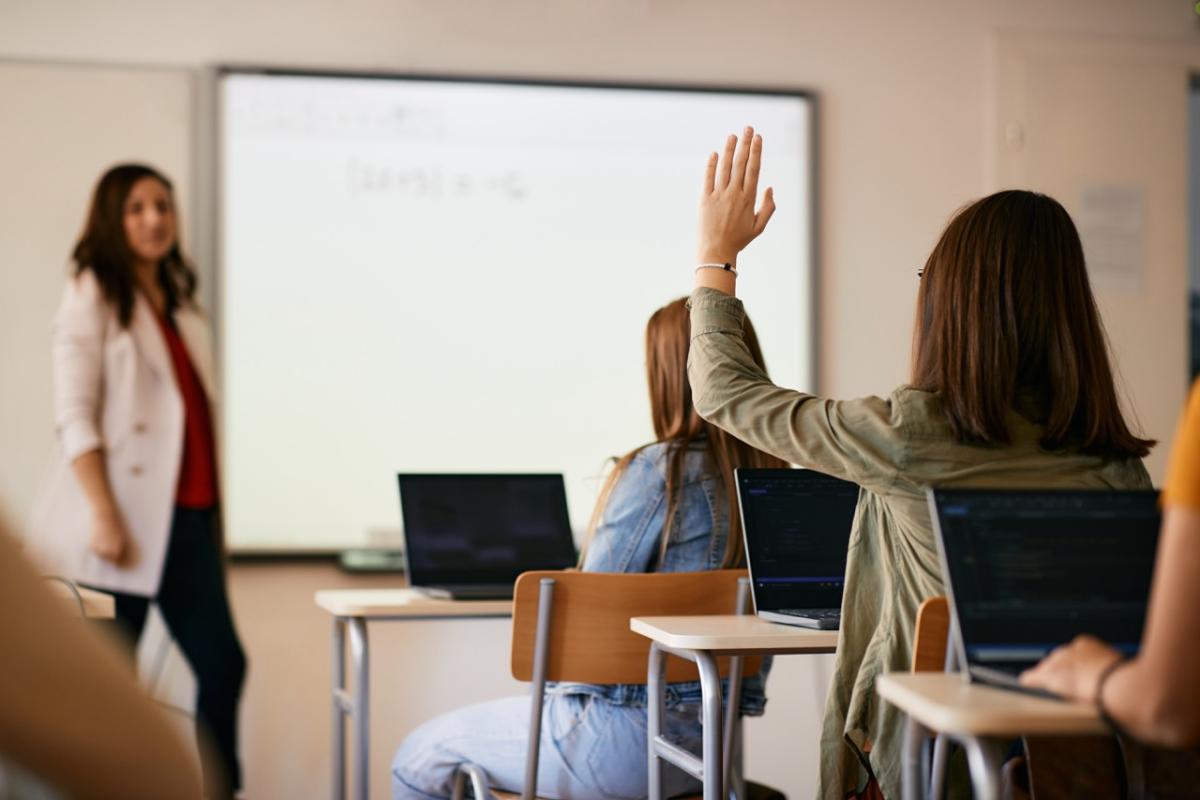 A photo of a student raising their hand in the classroom